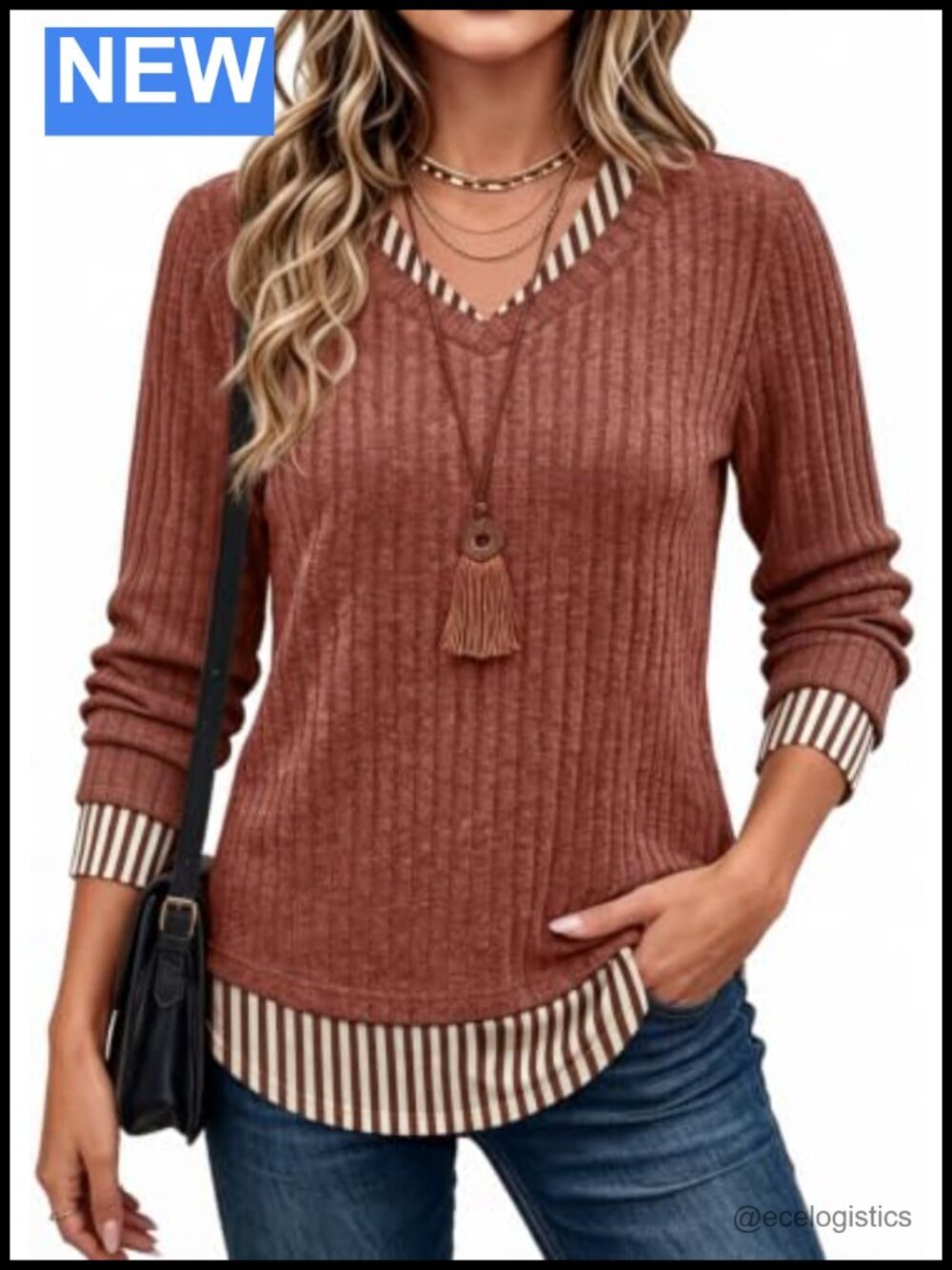 Long Sleeve Tunic Sweater 2-in-1 Layered V-Neck Lightweight Knit Top